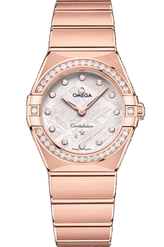 An Omega Constellation watch in rose gold, featuring a dazzling diamond-set bezel and a meteorite dial