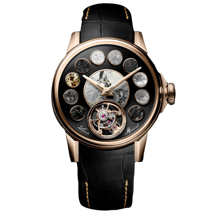 The Louis Moinet Cosmopolis watch features a rose gold case with a unique dial showcasing an array of meteorite fragments