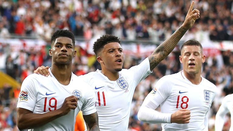 Marcus Rashford (left) celebrates scoring for England in the Nations League against Netherlands. 