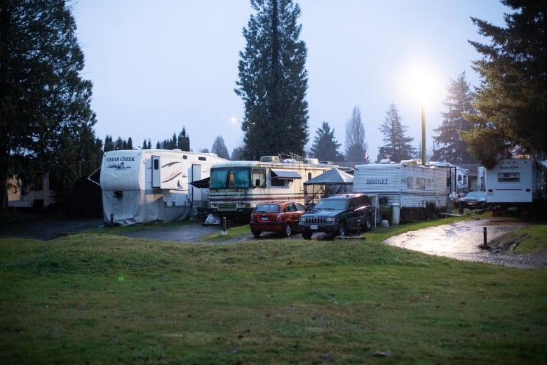 RVs parked close together near a field at dusk.