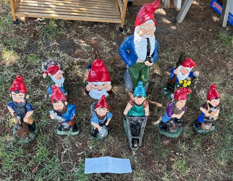 10 freshly painted garden gnomes sit on grass.