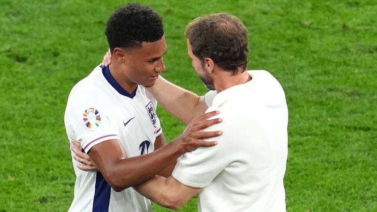 Match-winner Ollie Watkins is congratulated by Gareth Southgate