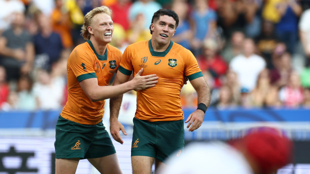 Ben Donaldson of Australia celebrates with Carter Gordon.