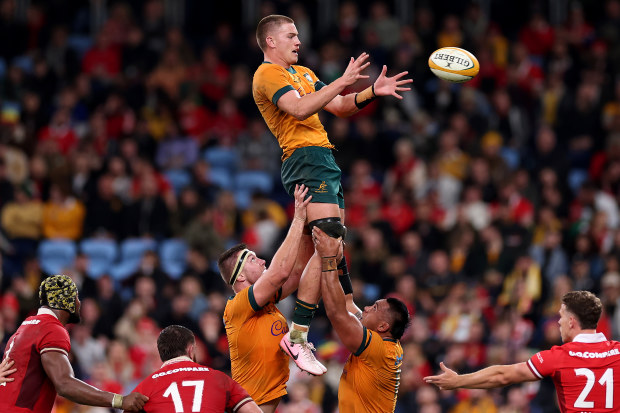 Charlie Cale of the Wallabies grabs lineout ball.