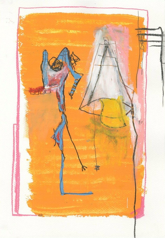 A painting on a yellow background with a skinny blue figure and a white lamp