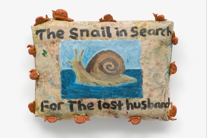 An oil painting of a snail on a blue background with the words ‘The Snail in Search For the Lost Husband’ above and below the image. There are small models of snails around the image