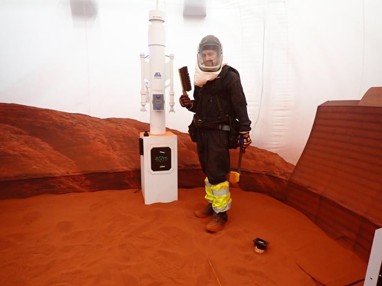 A man in a spacesuit stands in a room with red sand and a printed backgrounded of Mars' surface