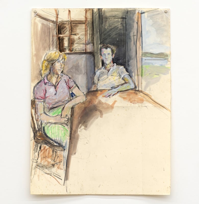 Two individuals sit at a long kitchen table, with a view of the water from the window, in this drawing by June Leaf.