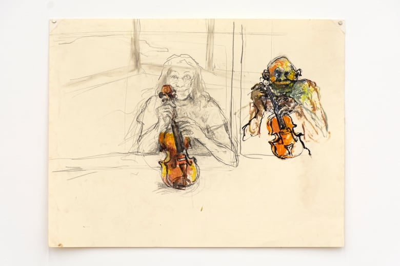 A drawing shows a woman and man holding violins. 