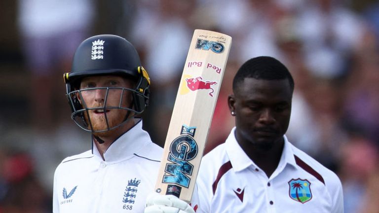 England's captain Ben Stokes celebrates his half-century on the first day of the second Test cricket match between England and West Indies at Trent Bridge in  Nottingham on July 18, 2024. (Photo by Darren Staples / AFP) / RESTRICTED TO EDITORIAL USE. NO ASSOCIATION WITH DIRECT COMPETITOR OF SPONSOR, PARTNER, OR SUPPLIER OF THE ECB