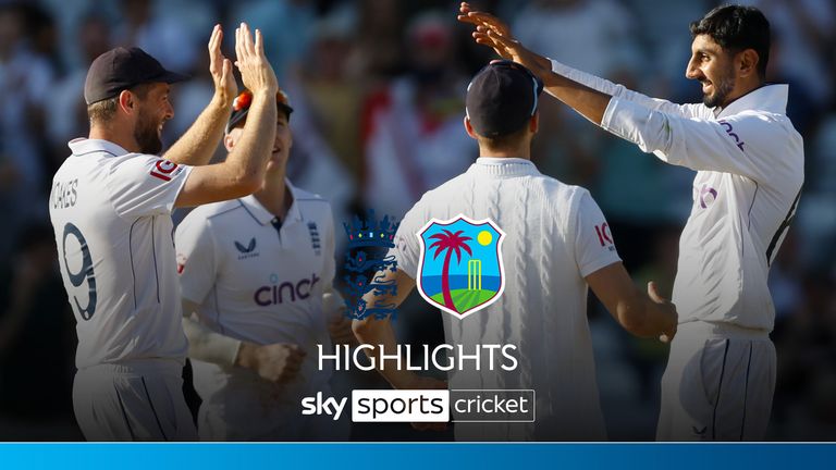 England Shoaib Bashir (right) is congratulated by his team mates after taking the final wicket, West Indies� Shamar Joseph (not pictured), during day four of the Second Rothesay Test match at Trent Bridge, Nottingham. Picture date: Sunday July 21, 2024.
