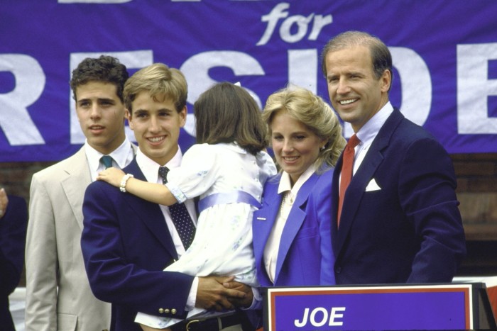 Senator Joe Biden standing with his family after announcing his candidacy for the Democratic presidential nomination for the first time in 1987