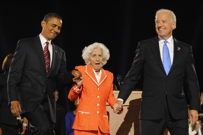 US President-elect Barack Obama, left, vice-president-elect Joe Biden, right, are joined by his mother Jean Biden, centre, as they attend a victory rally in Chicago on November 4 2008