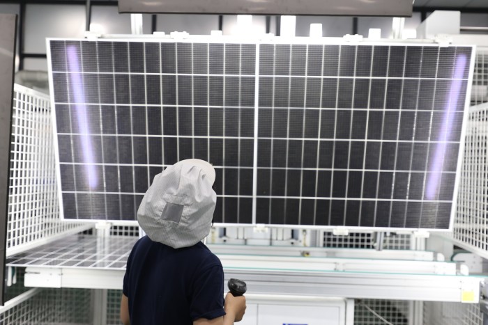 A solar panel being made at a factory in Lianyungang, China