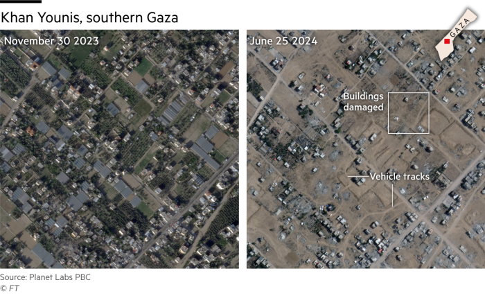 Satellite images from Planet Labs PBC showing Khan Younis in Gaza from November 30 2023 and June 25 2024