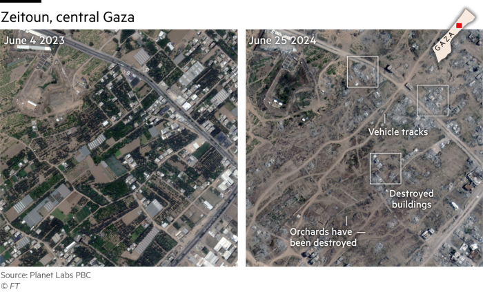 Satellite images from Planet Labs PBC showing Zeitoun in Gaza from June 4 2023 and June 25 2024