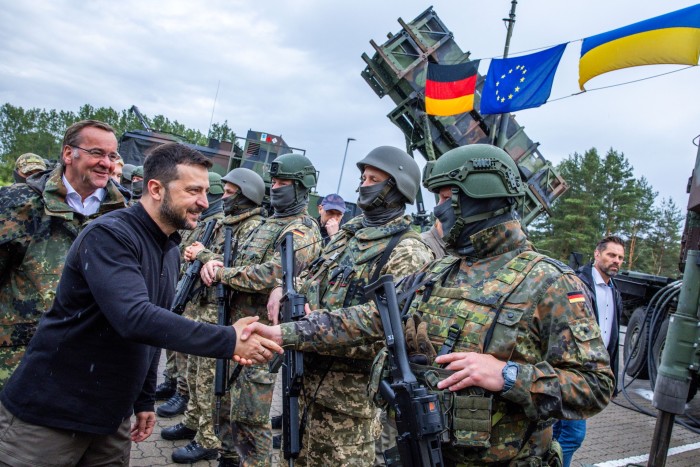 Volodymyr Zelensky, President of Ukraine, and Boris Pistorius, Germany’s Minister of Defense visit Ukrainian soldiers who are being trained on the Patriot anti-aircraft missile system at a military training ground in Mecklenburg, Germany.