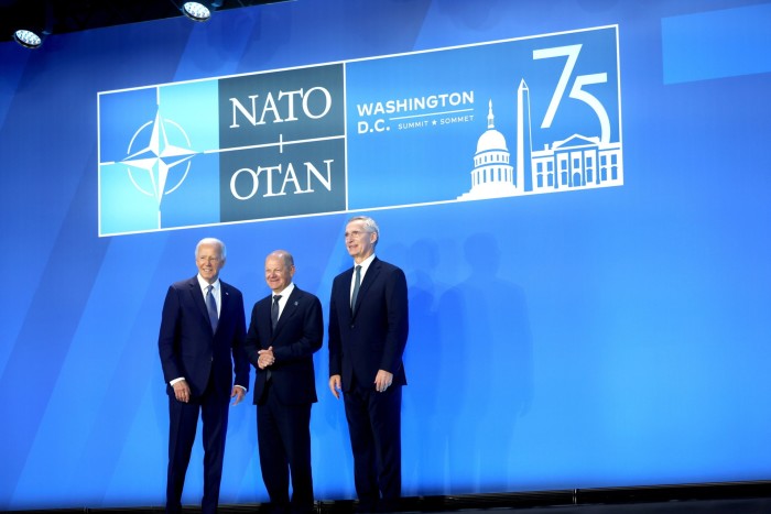 US President Joe Biden, Olaf Scholz, Germany’s chancellor, and Jens Stoltenberg, secretary general of Nato, at the Nato Summit in Washington earlier this month