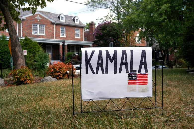 A handmade sign with the word KAMALA printed in large letters atop a drawing of the American flag. 