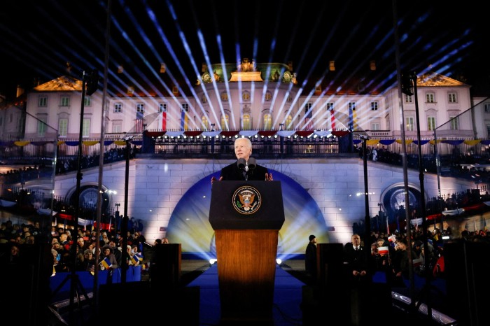 Joe Biden delivers remarks ahead of the first anniversary of Russia’s full-scale invasion of Ukraine, outside the Royal Castle, in Warsaw, Poland on February 21 2023