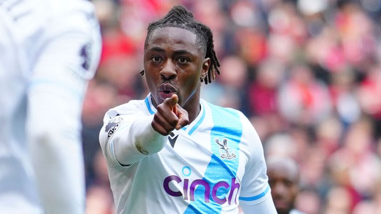 Eberechi Eze celebrates after giving Crystal Palace a first-half lead at Anfield