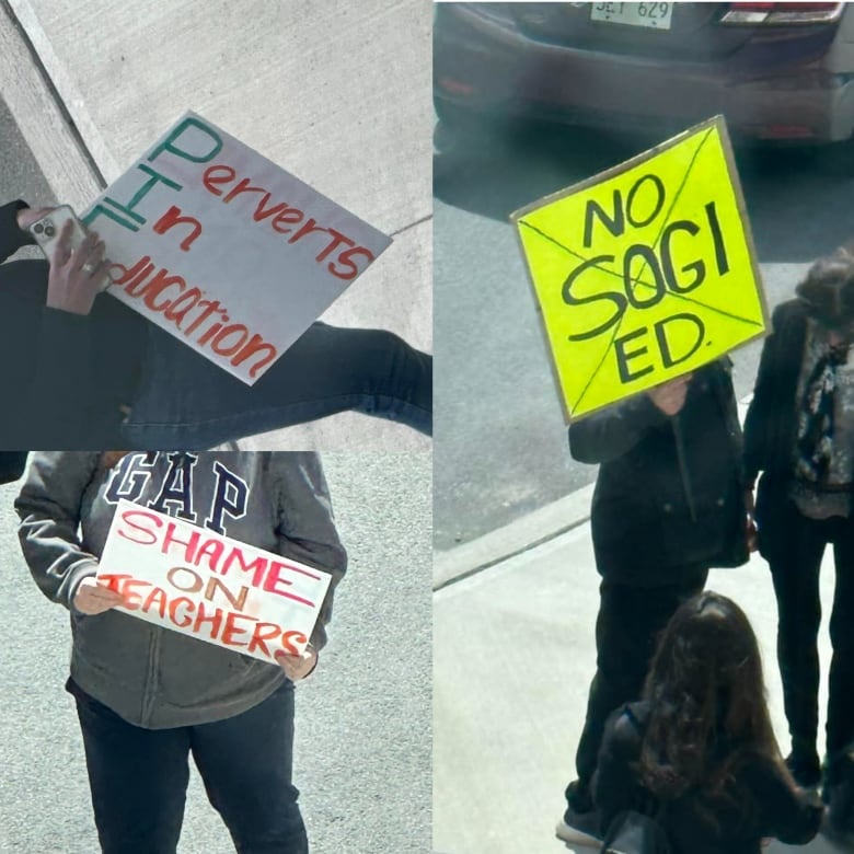 A composite of three photos of people holding signs. Signs read: "Perverts in education," and "shame on teachers," and "No SOGI Ed"