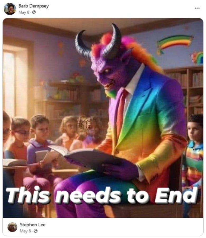 A screenshot of a meme of a horned devil wearing a rainbow suit reading in a classroom