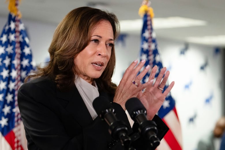 U.S. Vice President Kamala Harris is seen speaking in Wilmington, Del., on Monday.