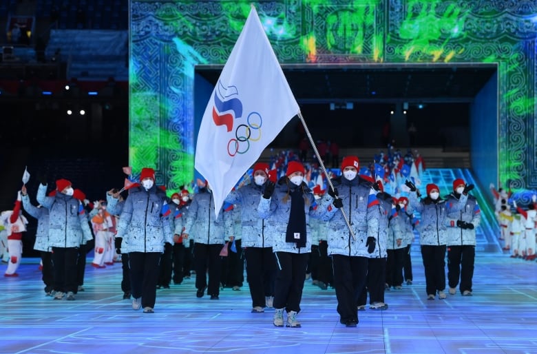 Team ROC (Russian Olympic Committee) participate in the opening ceremony at Beijing 2022 Winter Olympics on February 04, 2022. Russian athletes were not allowed to compete under the Russian flag because of a doping scandal. 