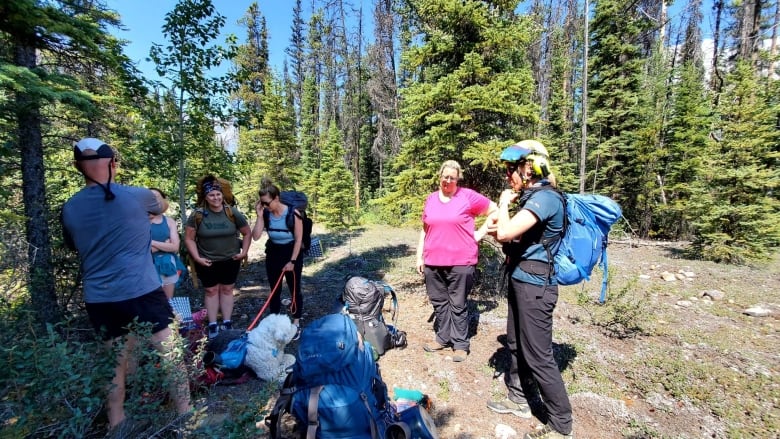 A group of people and sheepdog standing with camping gear in the woods.