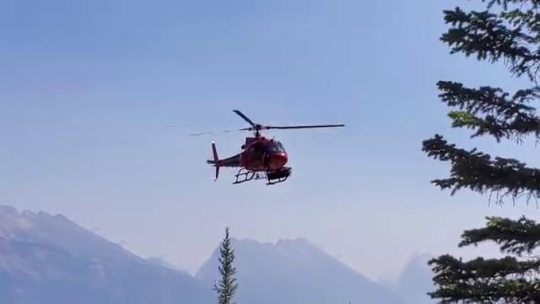 Red helicopter flying over a tree with mountains in the background.