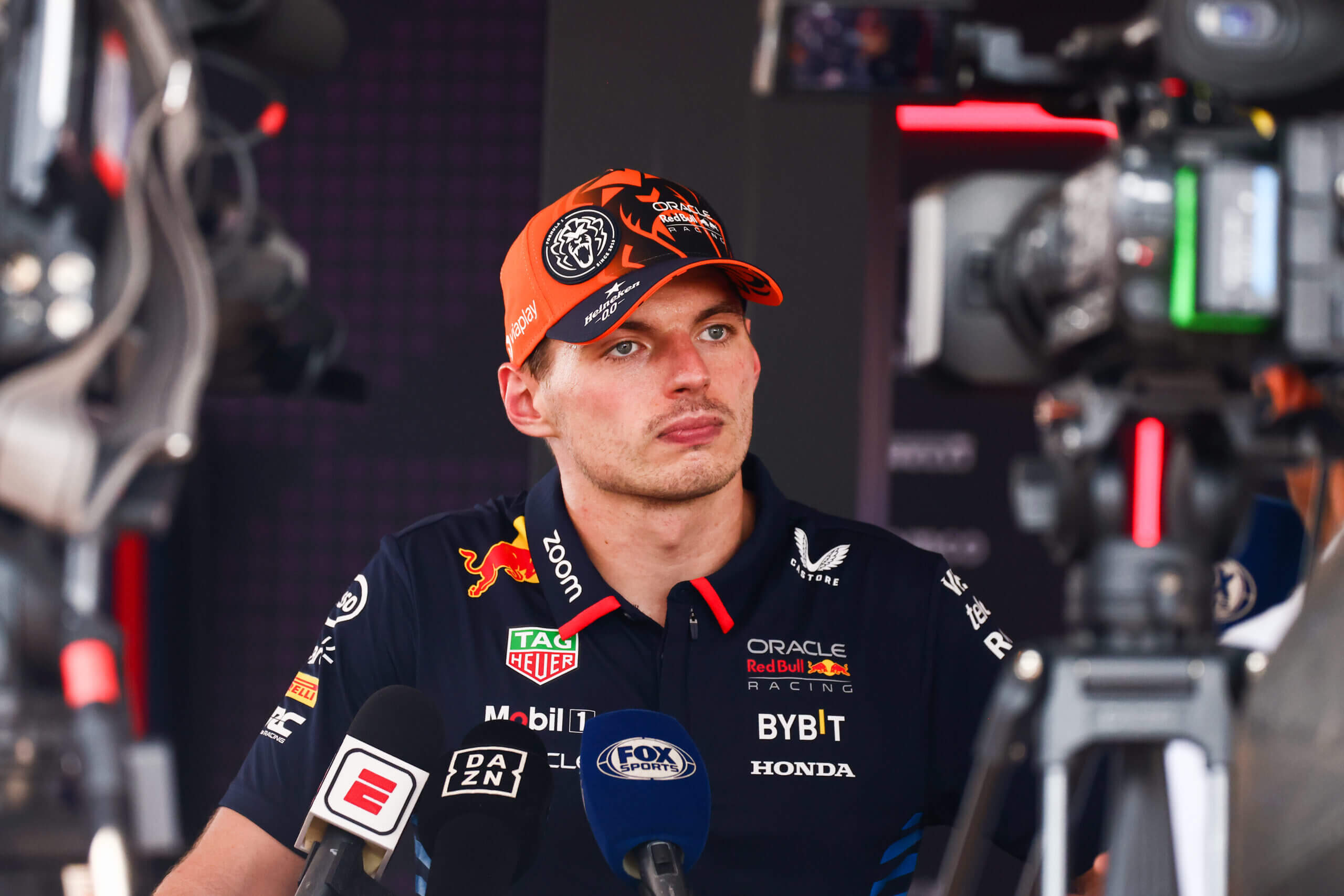 Max Verstappen of Red Bull Racing talks to the media after the Formula One Hungarian Grand Prix at the Hungaroring race track in Mogyorod near Budapest on July 21, 2024. (Photo by Beata Zawrzel/NurPhoto via Getty Images)