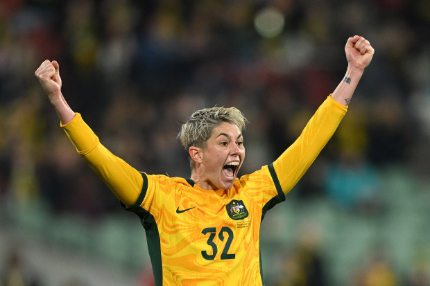 Michelle Heyman of Australia celebrates scoring a goal during the international friendly match between Australia Matildas and China PR at Adelaide Oval.