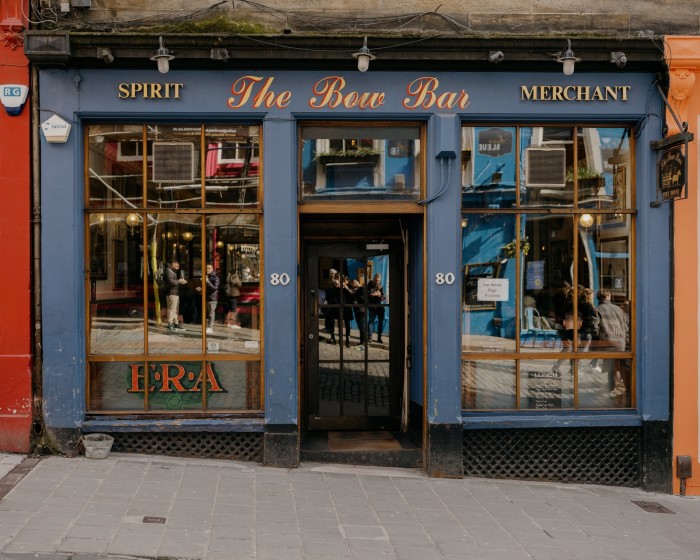 The blue-framed façade of The Bow Bar