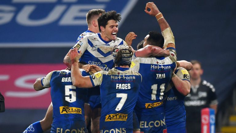 St Helens players celebrate after Jack Welsby&#39;s last-second try sealed Grand Final victory over Wigan