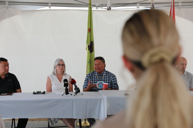 A woman wearing a white shirt and a man in a blue-check button-up shirt sit at a table. In front of them are two microphones. 