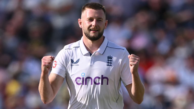 England bowler Gus Atkinson celebrates after taking the wicket of Gudakesh Motie during day one of the 3rd Test Match between England and West Indies 