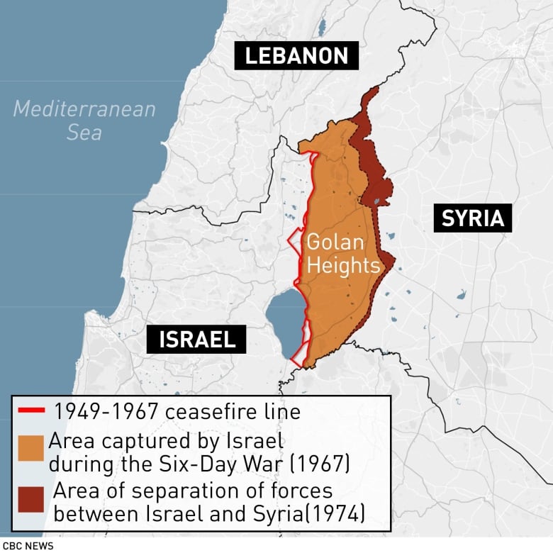 A digital map shows Lebanon, Syria, Israel and the Golan Heights along with text described the history of the region.