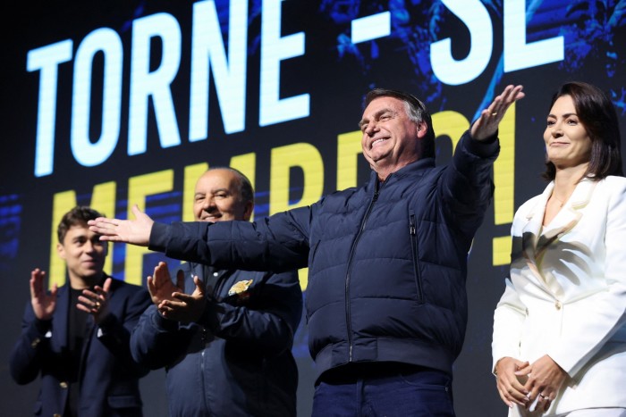 Former president Jair Bolsonaro on stage at a political conference in Balneario Camboriu, Santa Catarina state, Brazil earlier this month 