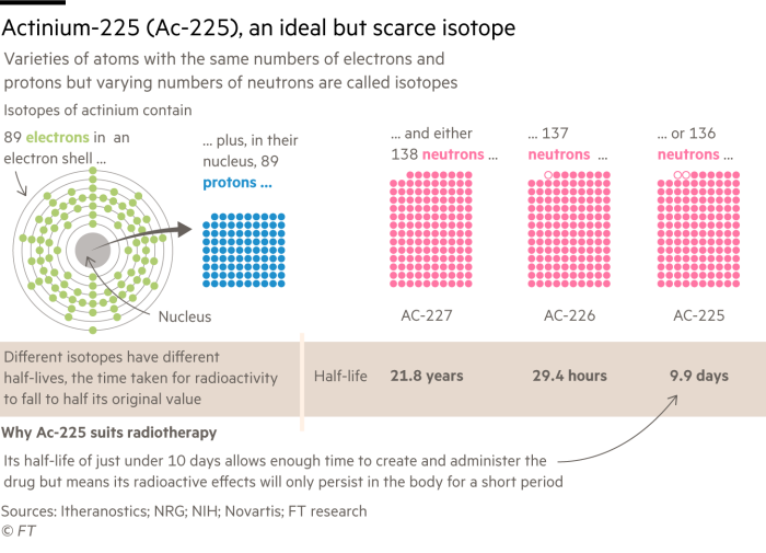 Diagram explaining what isotopes of actinium are and why actinium-225 is important for radioligand cancer therapy