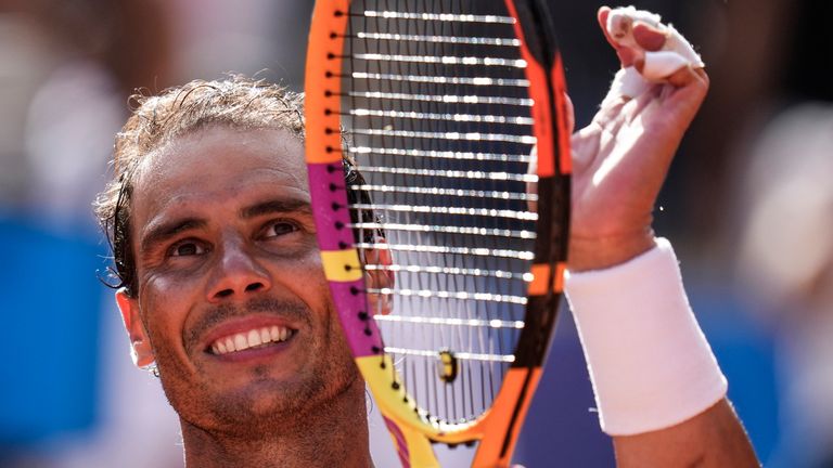 Rafael Nadal of Spain celebrates his victory over Marton Fucsovics of Hungary during the men's singles tennis competition, at the 2024 Summer Olympics, Sunday, July 28, 2024, in Paris, France. (AP Photo/Manu Fernandez) 