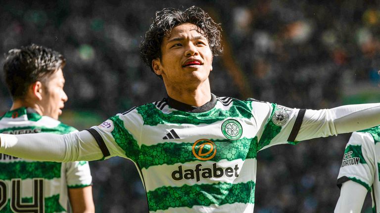 Reo Hatate celebrates after giving Celtic a second-half lead against St Mirren