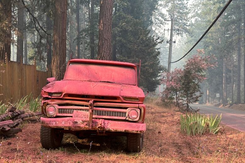 An old trick made pink by debris is shown off the side of the road in what appears to be a rural area.