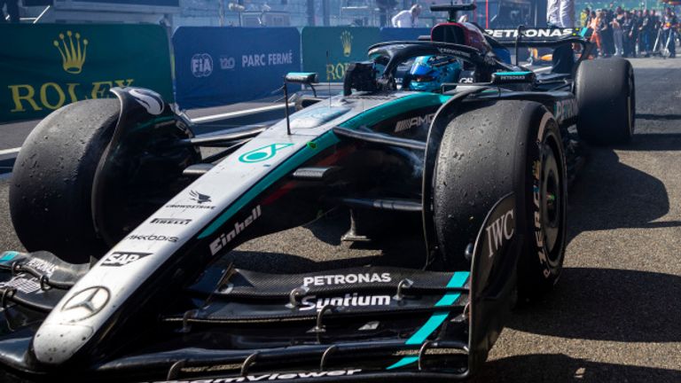 CIRCUIT DE SPA FRANCORCHAMPS, BELGIUM - JULY 28: George Russell, Mercedes F1 W15, 1st position, and Sir Lewis Hamilton, Mercedes F1 W15, 2nd position, arrive in Parc Ferme during the Belgian GP at Circuit de Spa Francorchamps on Sunday July 28, 2024 in Spa, Belgium. (Photo by Sam Bloxham / LAT Images)