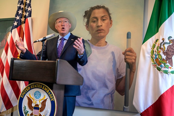 Ambassador Ken Salazar gives a press conference at the US embassy in Mexico City last month