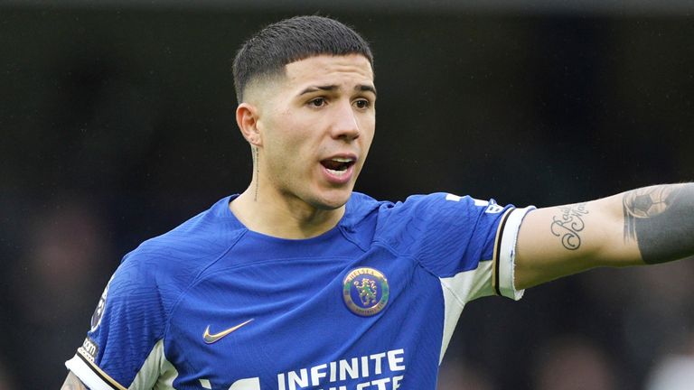 Chelsea's Enzo Fernandez pointing during the English Premier League soccer match between Chelsea and Wolverhampton Wanderers, at Stamford Bridge Stadium in London, Sunday, Feb 4, 2024. (AP Photo/Dave Shopland)