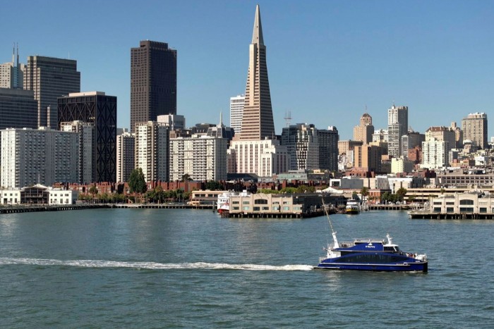 A ferry passes through the San Francisco Bay