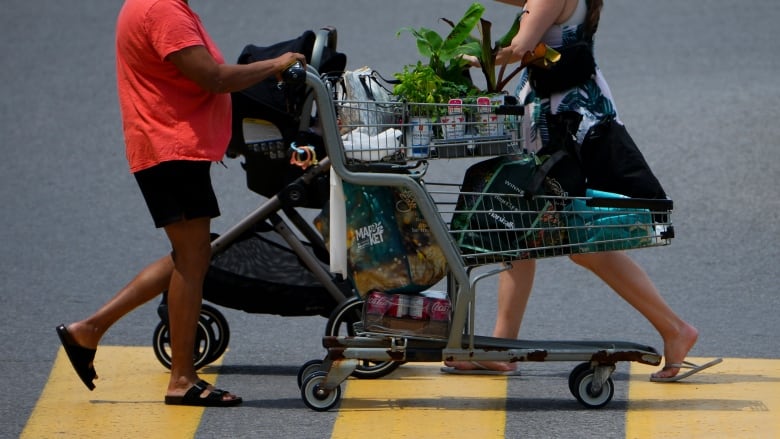 Two shoppers coming from opposite directions cross a cross walk with their shopping carts.