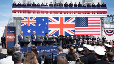 Australia’s Anthony Albanese, US President Joe Biden and Britain’s Rishi Sunak at a San Diego press conference last year