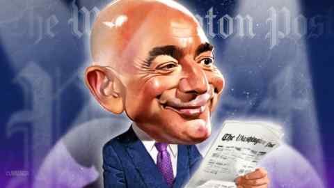 Illustration of Jeff Bezos in suit and tie holding a copy of the Washington Post